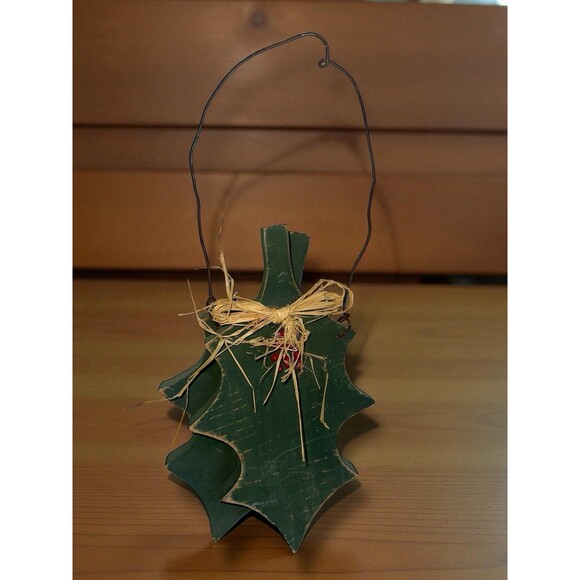 Primitive Holly Leaf Christmas Wall Hanging Rustic Wood Folk Art Decor - Picture 13 of 16